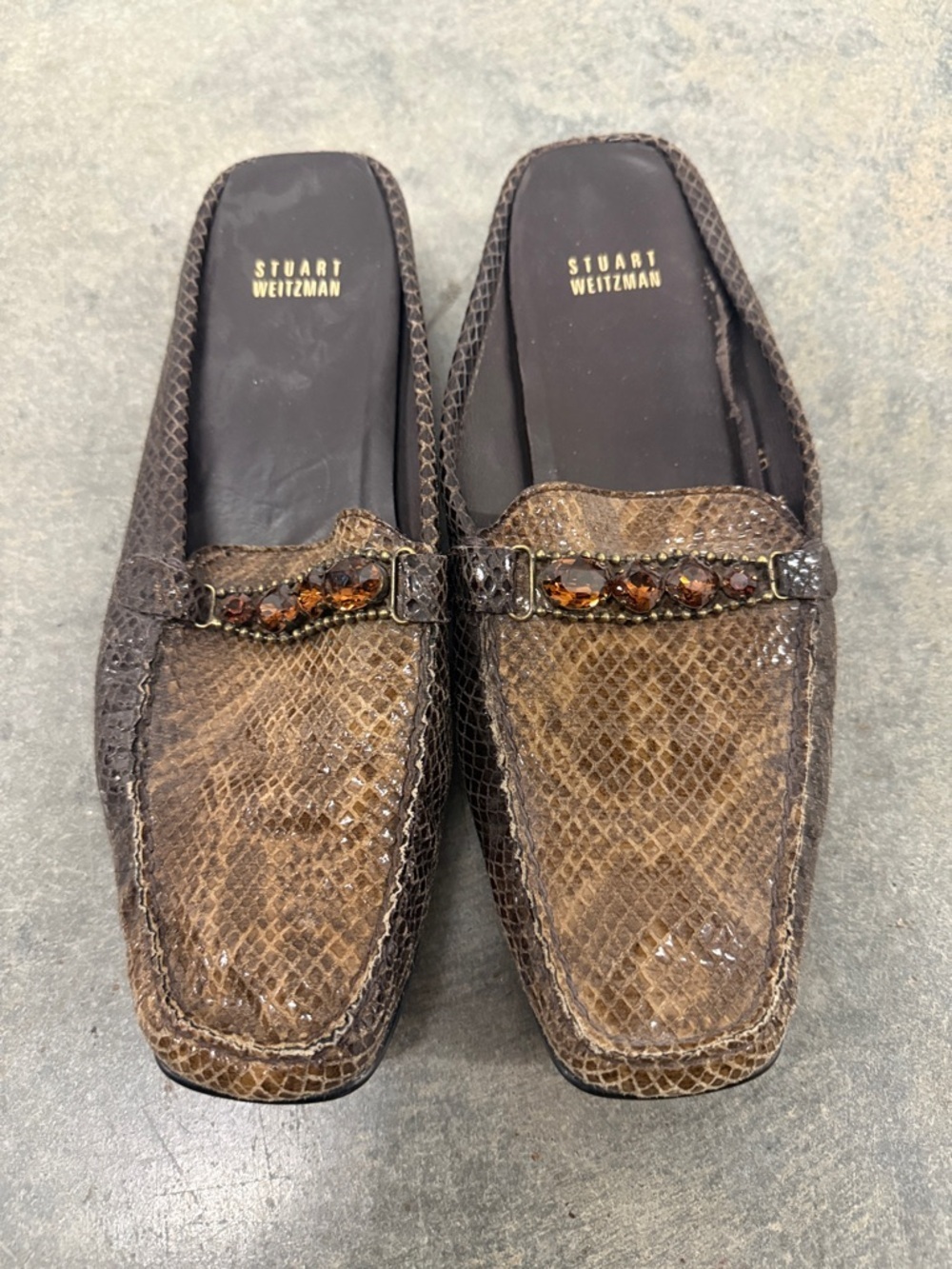Stuart Weitzman Brown Snakeskin Slip-On Mules with Amber Jewel Accent